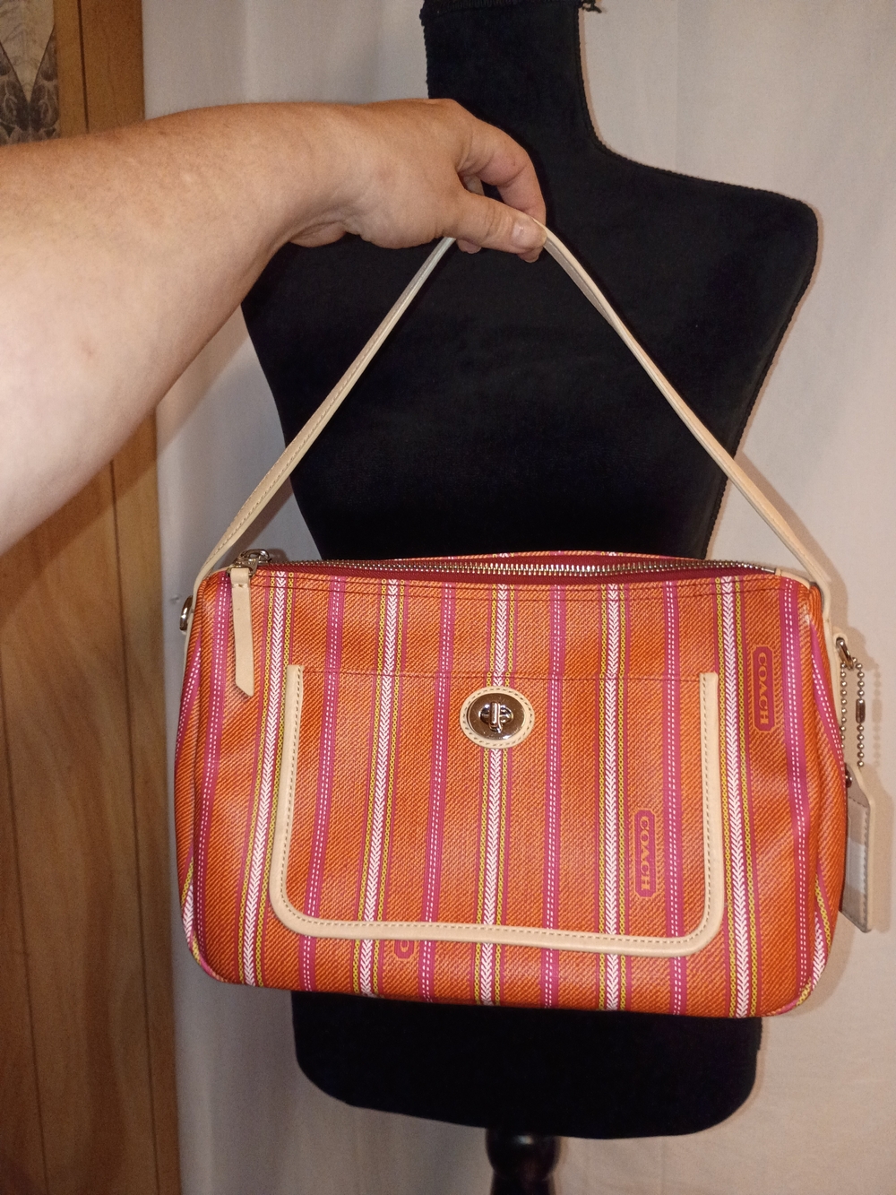 Coach Orange and Pink Striped Shoulder Bag with Cream Trim